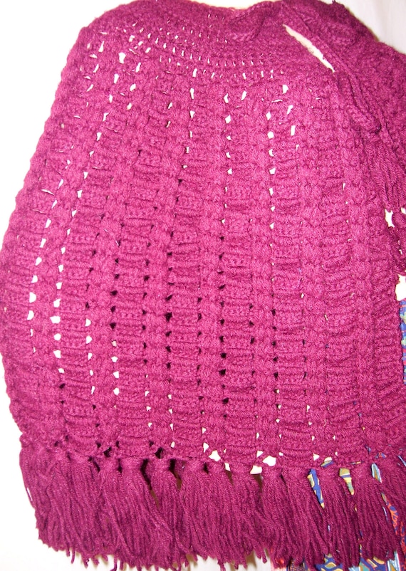 Burgundy Poncho Sweater 1970s Fringe Tassels Hand… - image 2