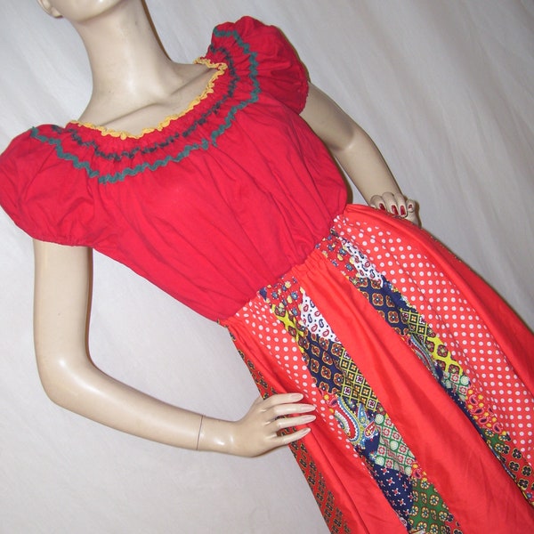 Prairie Maxi Dress Puff Sleeve Costume Bohemian Patchwork Hippie Retro Dress Urban Chic Go West Party OOAK Frontier Red Gown Adult M L Dress