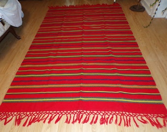 Serape Wool Rug Cream Red Yellow Green Stripe Vintage Area Rug Fringe Rug Natural Wool Tablecloth Beach Blanket Southwest Colorful58 x 88"