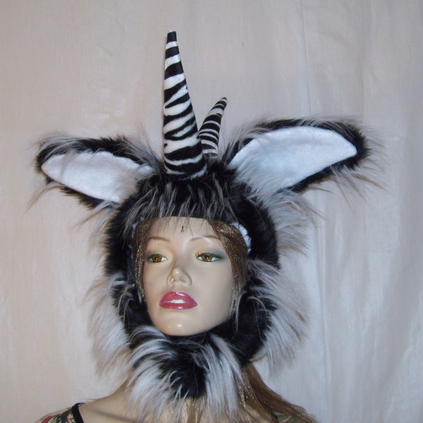 Ready to ship Exotic Mutant Zebra Hat Monster Horn Costume Hat Furry 4 Horns Cryptid Wild Thing Weird Fur Hat Head Piece Costume Fur Adult