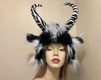 Furry Krampus Hat: Horned Monster Costume Headpiece (21.5-23" head)