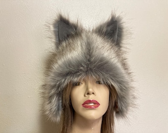 Furry Wolf Ear Hat: Gray Faux Fur Animal Costume, Adult Winter Hat