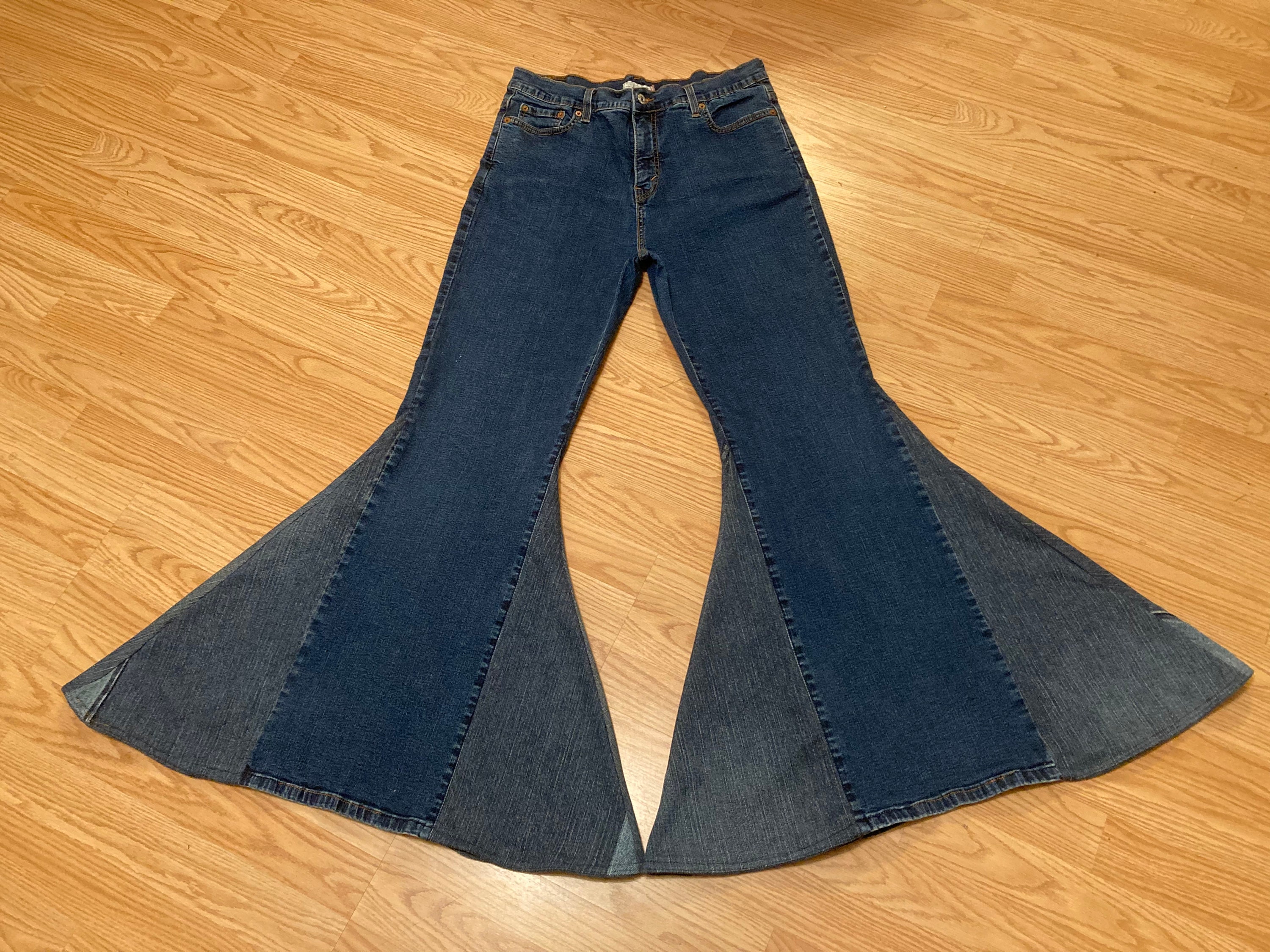 Size 14 OOAK Hippie Bell Bottom Jeans High Rise Upcycled Stretch Levi's 512  Jean Unique Huge Flare Bottoms Adult Women Ready to Ship 