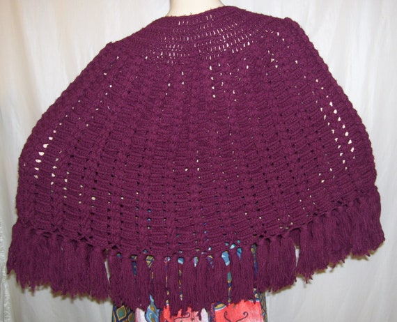 Burgundy Poncho Sweater 1970s Fringe Tassels Hand… - image 4