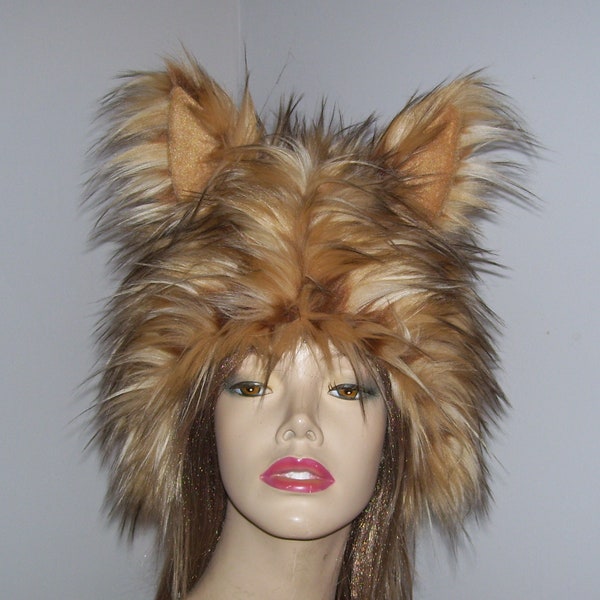 Wolf Hat Ears Brown Fluffy Wild Fur Costume Head Piece Warm Winter Furry Wolf Fox Weird Animal Hat Unique Christmas Gift Hat Unisex Adult