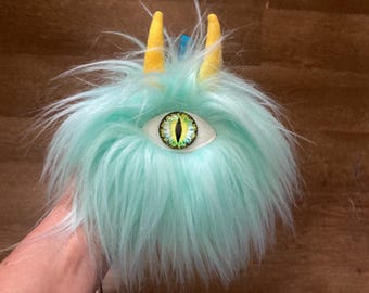 Handmade Furry Cyclops Ornament: One-Eyed Monster Plushie, Rearview Mirror Charm