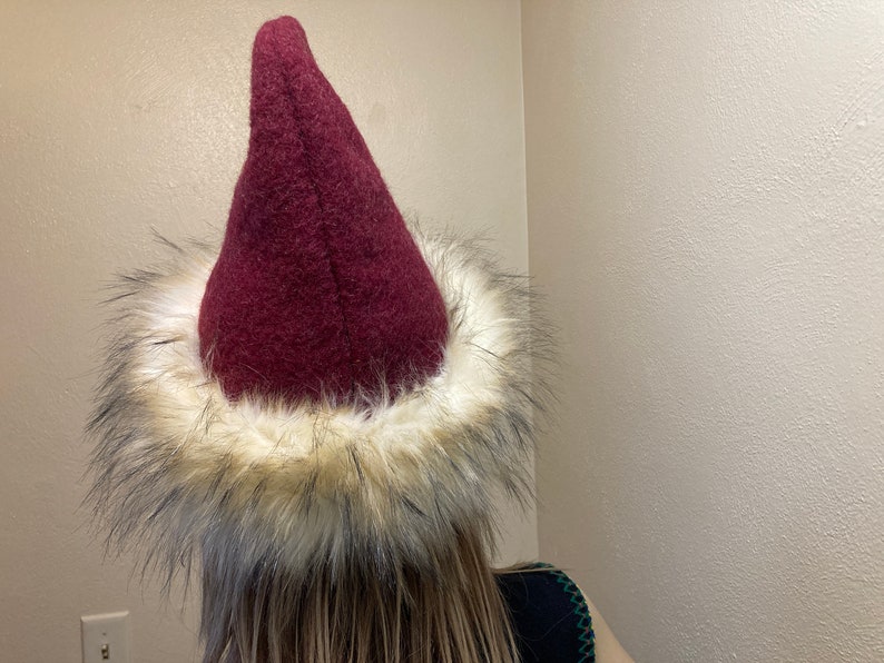 Rustic Red Wool Fur Pixie Hat Christmas Elf Upcycled Faux Fur Whoville Hat Warm Winter Adult OOAK Hat Weird Elven Christmas Red Hat Gift image 3