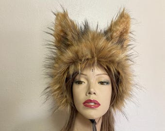 Brown Wolf Faux Fur Head Piece: Big Ears, Rave Adult Costume Hat
