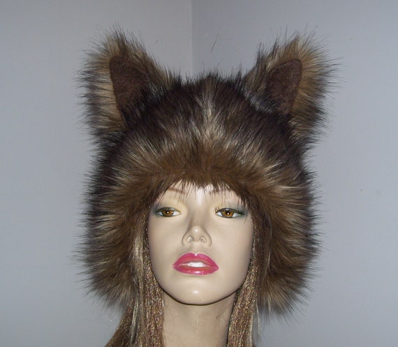 Furry Wolf Hat Ears Brown Wolf Fur Warm 