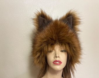 Furry Wolf Ear Hat Deep Brown Faux Fur Animal Costume Adult
