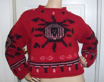 Crop Skull Sweater Vintage Cropped Thick 100% Wool Sweater Oversized Red Black Pink Hand Knit Hippie Sweater Adult Felted Wool