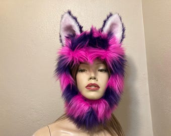 Cheshire Cat Purple Pink Fur Hat Furry Fur Stripe Kitty Hood Halloween Weird Head Piece Animal Costume Hat Ears Unisex Adult USA Made Unique