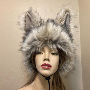 Gray Black Wolf Hat Big Ears Faux Fur Costume Head Piece Animal Furry Werewolf Weird Animal Hat Unique Halloween Hat Adult Teen Big kids
