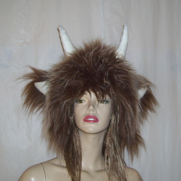 Monster Horn Hat Furry Hat OOAK Wild Thing Hat Head Piece Fur Halloween Costume Beast Animal Horns Fur Hat Horn Imp Satyr Adult Unisex Hat