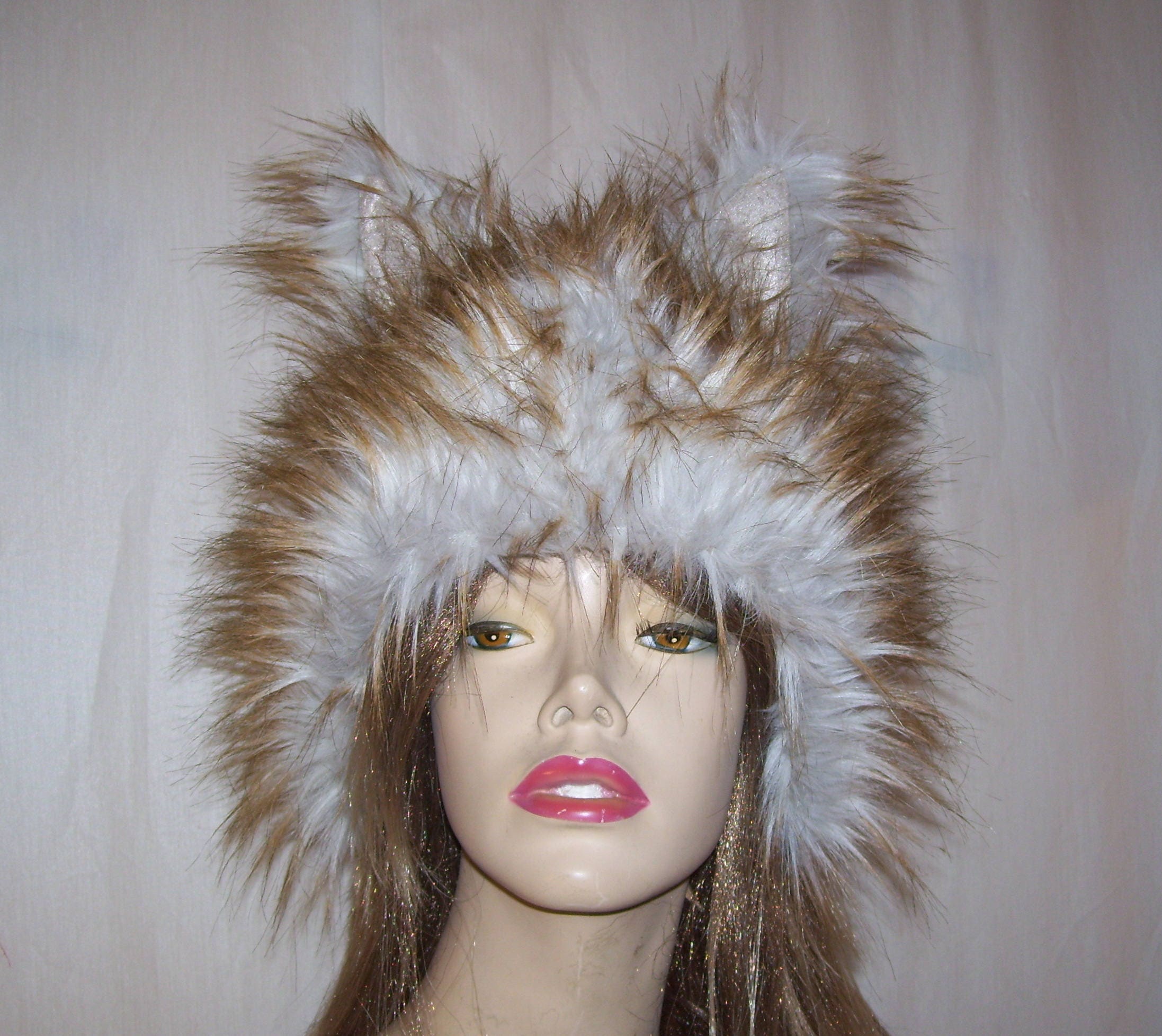 Gray Wolf Fur Hat with Ears Furry Desert Fox Gray Brown Fur | Etsy