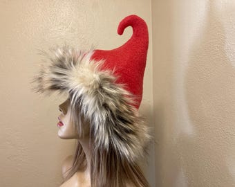 Rustic Red Wool Pixie Hat: Upcycled Faux Fur Elven Christmas Hat