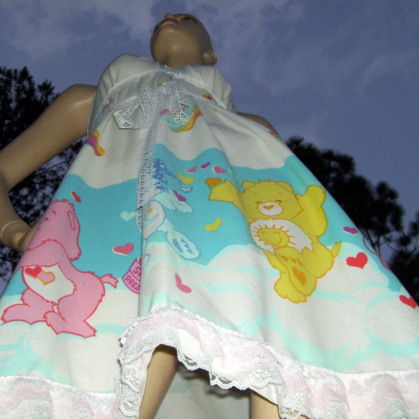 Care Bears Sundress OOAK Upcycled Geek Rainbow Kawaii Dress Carebear Lace Sundress Adult S - XL Beach Cruise Resort Maternity Mom Praty