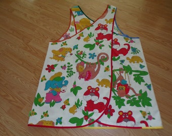 Fun Animal Apron Cross Back Vintage 1970's Cotton Cooking Art Apron Elephant Dog Monkey Tiger Adult Plus Size 56" chest Full Artist Apron