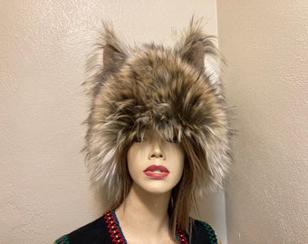 Furry Wolf Hat Ears Coyote Cream Brown Fur Head Piece Animal Hat Gift Halloween Mardi Gras Costume Warm Winter Hat Teen Adult