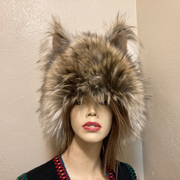 Furry Wolf Hat Ears Coyote Cream Brown Fur Head Piece Animal Hat Gift Halloween Mardi Gras Costume Warm Winter Hat Teen Adult
