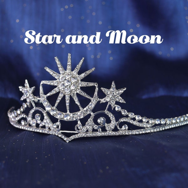 Crown For A Celestial Wedding,Tiara for Fae Cosplay,Celestial Bridal Gold Headband, Fantasy  Cosplaycrown,Star and Moon Diamond Tiara