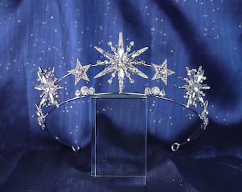 Tiara de cristal de estrellas plateadas, tiara de pedrería de oro para novia de boda, corona de diadema de estrella, accesorios para el cabello de mujer, tiara nupcial celestial