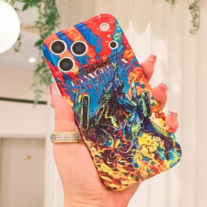 May include: A colorful phone case featuring a vibrant design with the text "EVANGELION". The case showcases a dynamic illustration with shades of red, blue, yellow, and green. The case has multiple camera cutouts.