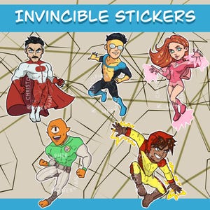 May include: Five colourful cartoon stickers featuring characters from the Invincible comic book series. The stickers feature Omni-Man, Atom Eve, Invincible,  Mark Grayson, and  Robot.