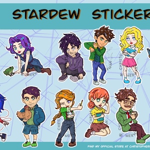 Peut inclure: Une collection d'autocollants de personnages de Stardew Valley. Les autocollants présentent divers personnages de style cartoon, chacun avec des tenues et des expressions uniques. Le texte "STARDEW STICKERS" est en haut. Le nom et le site web de l'artiste sont en bas.