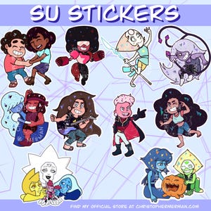 Peut inclure: Un ensemble de 10 autocollants de dessins animés colorés représentant des personnages de la série télévisée d'animation Steven Universe. Les autocollants présentent des personnages comme Steven, Garnet, Amethyst, Pearl, Lapis Lazuli, Peridot, et plus encore. Les autocollants sont parfaits pour ajouter une touche de fun et de fantaisie aux ordinateurs portables, aux bouteilles d'eau, aux cahiers, et plus encore.