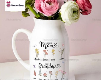 Gepersonaliseerde bloemenvaas, oma's tuin bloemenvaas, Wildflower geschenken, aangepaste bloemen keramische vaas, geboorte bloem familienaam bloemenvaas