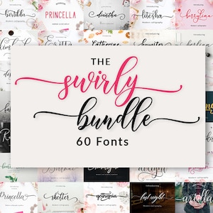 Peut inclure: Un collage de 60 polices de caractères différentes dans une variété de styles, avec un titre rose et noir qui lit "The Swirly Bundle 60 Fonts".