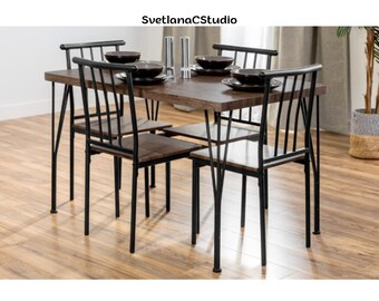 Set tavolo da pranzo rettangolare moderno da interno in cinque pezzi in metallo e legno con quattro sedie, perfetto per cucina, sala da pranzo, dinette