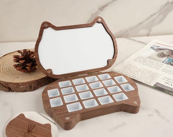 Personalisierte Walnuss-Aquarellbox, katzenförmiges Zeichenbrett, tragbare Aquarellbox, Aquarellzubehör, Geschenke für Künstler und Malereiliebhaber