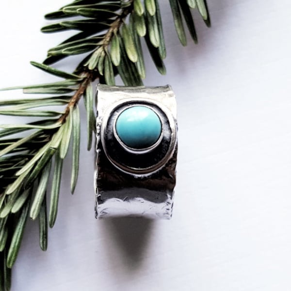 Wide Band Turquoise Ring, Southwestern Turquoise Jewelry, Organic Sterling Silver - Desert Oasis