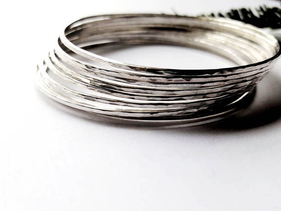 Set Of 9 Solid Sterling Silver Stacking Bracelets Hammered Etsy