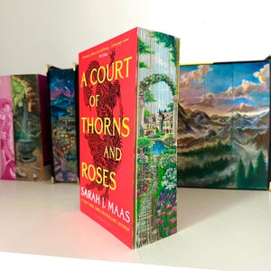 May include: A red book titled "A Court of Thorns and Roses" by Sarah J. Maas, with a decorative spine featuring a landscape scene. Other books with decorative spines are visible on a white shelf.
