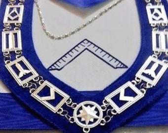 MASONIC BLUE LODGE Oficial Venerable Maestro Delantal Collar de cadena de plata y joya