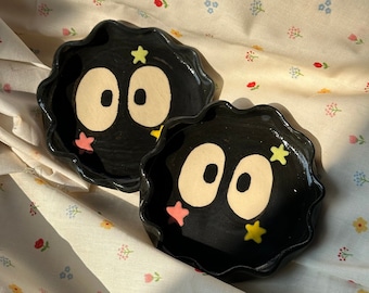 Spirited Away Cute Soot Sprites Small Plate, Susuwatari, Ghibi My neighbor totoro, Handmade Ceramic Coaster, Hand Shaped Pottery, Home Decor