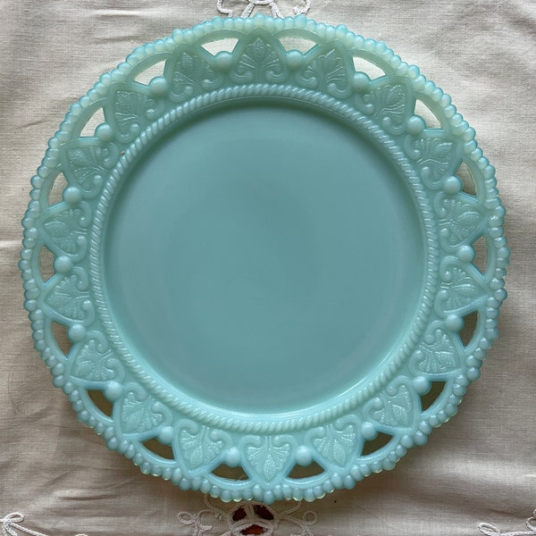 Vintage Pastel Green Milk Glass 8” Plate with reticulated lace edge embellished with heart and plant shapes. 1940s. Very rare.