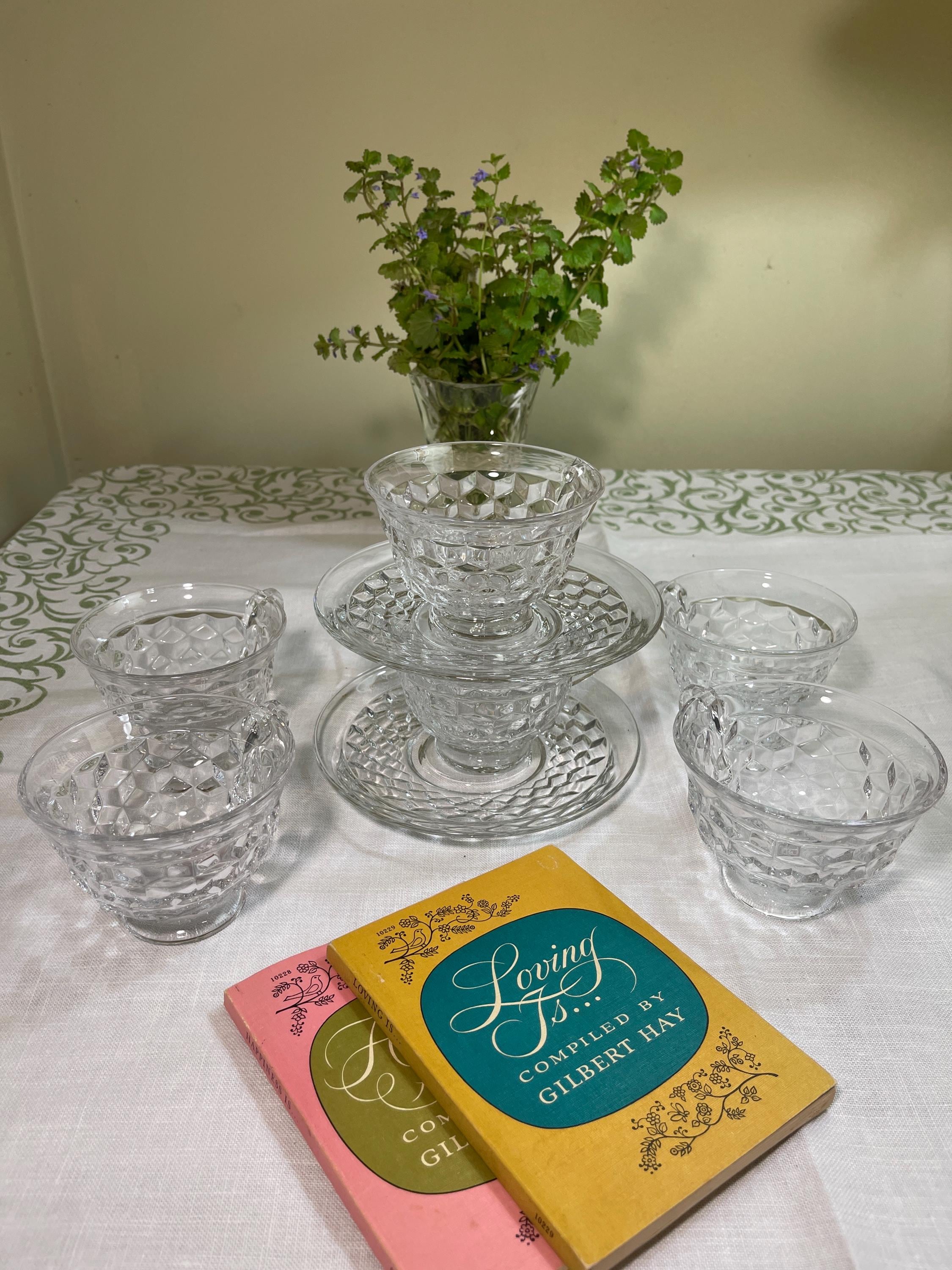 Set of 6 Vintage FOSTORIA Cups and 2 Saucers "American" Pattern Clear Cubed Pressed Glass Footed Tea or Punch Cups. MCM. Made in USA.  1950s