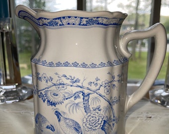 Vintage Quail Blue 42 oz Ceramic Porcelain Pitcher by Furnivals. Made in England. 1913. Exquisite quality. No chips or mars. Rare find.