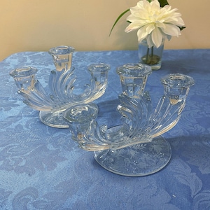Pair of Vintage Fostoria Navarre Triple Candlestick Holders. Flame design. Round base with Etched Flowers. Clear Pressed Depression Glass.