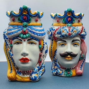 Handcrafted Ceramica di Caltagirone - Sicilian Normann Moorish Heads  - Unique Italian Pottery Sculpture