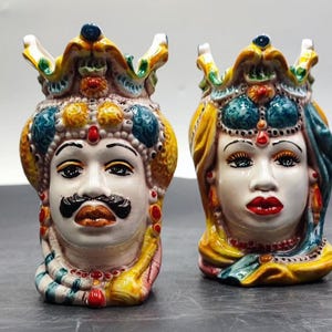 Handmade Sicilian Ceramica di Caltagirone Moorish Heads in Emiri Style - Mediterranean Ceramic Sculptures for Home Decor