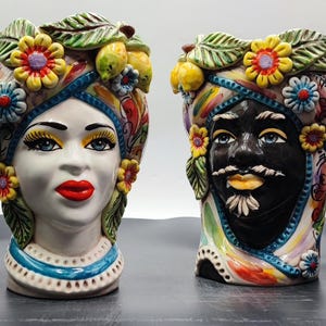 Handcrafted Ceramica di Caltagirone Sicilian Moorish Heads - Mediterranean Art Sculpture - Italian Pottery Decor - Handmade Ceramics