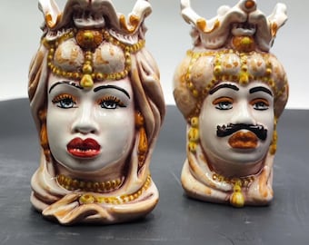 Handmade Ceramica di Caltagirone Sicilian Moorish Heads Sculpture in Emiri Style - Artisanal Italian Craftsmanship