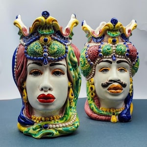 Handcrafted Ceramica di Caltagirone - Sicilian Emiri Moorish Heads - Unique Italian Pottery Sculpture