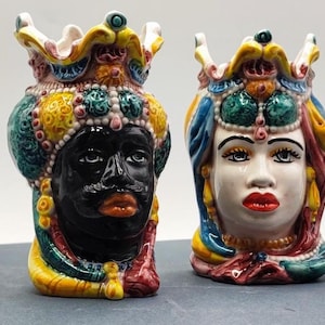 Handmade Sicilian Ceramica di Caltagirone Moorish Heads in Emiri Style - Mediterranean Ceramic Sculptures for Home Decor