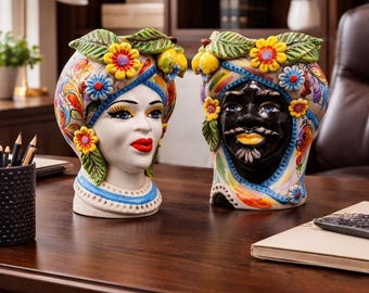 Handcrafted Sicilian Moorish Head Vase: Ceramica di Caltagirone Pottery
